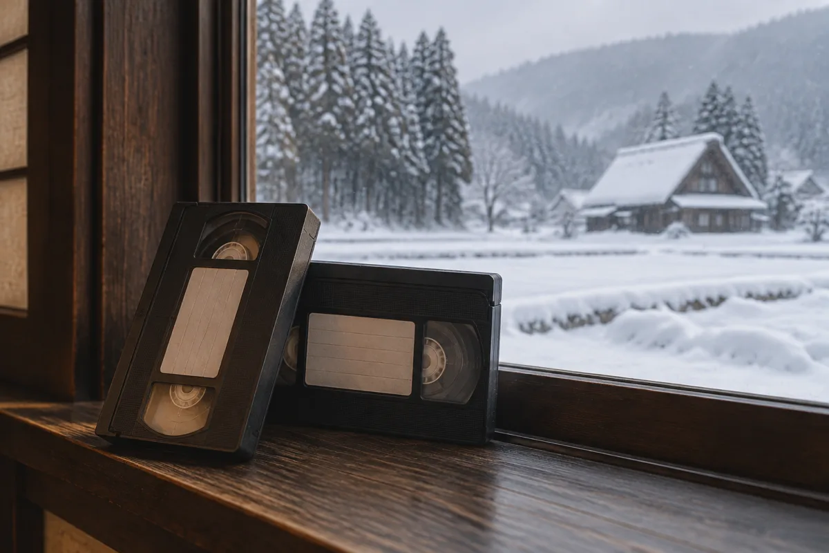 濃い色の木の窓枠に立てかけた2本のビデオテープ。窓の外は雪に埋もれた田と杉並木、奥に雪の積もった急勾配の屋根の民家