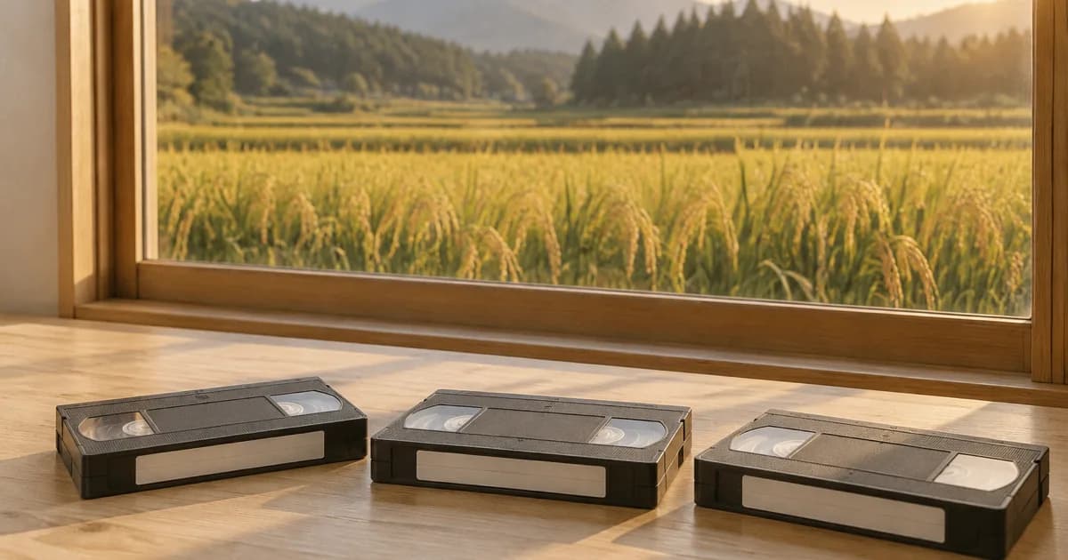 木のテーブルに横一列に並べた3本のビデオテープ。窓の外は黄金色に実った稲の田んぼと、奥に杉林と低い山並み