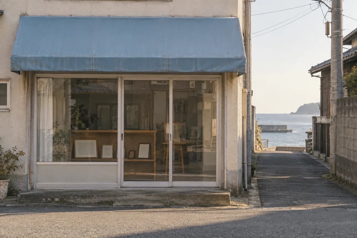 海辺の町の細いアスファルト道に面した小さな写真店の正面。色あせた水色の日よけの下にアルミサッシのガラス引き戸があり、ガラスの奥に空の額を並べた棚が見える。右手にコンクリートブロック塀と電柱、道の先に海