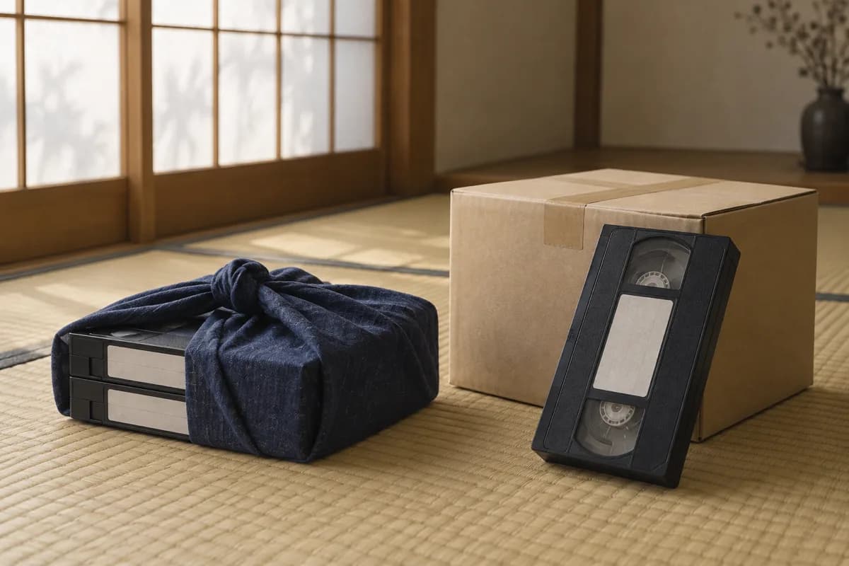 障子越しの光が入る和室の畳の上に、藍色の風呂敷で包んだビデオテープの包みと、クラフトテープで封をした小さな段ボール箱を並べたところ。箱には1本のビデオテープが立てかけてある