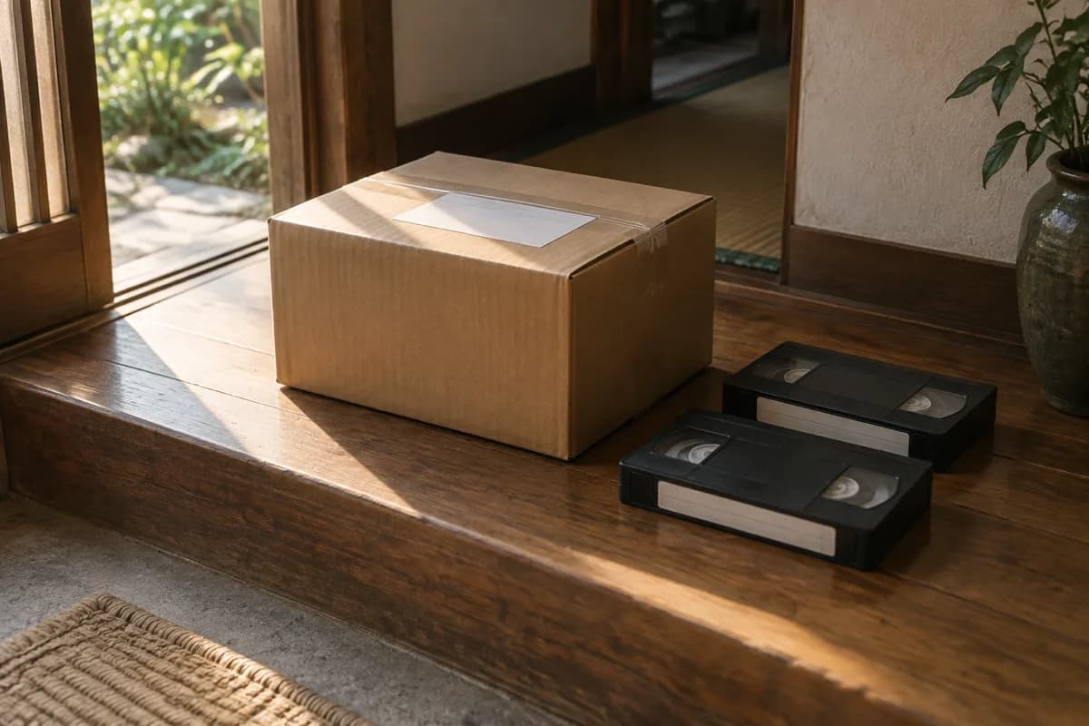 日本家屋の上がり框に置かれた、白い伝票を貼って封をした段ボール箱と、その横に並べた2本のビデオテープ