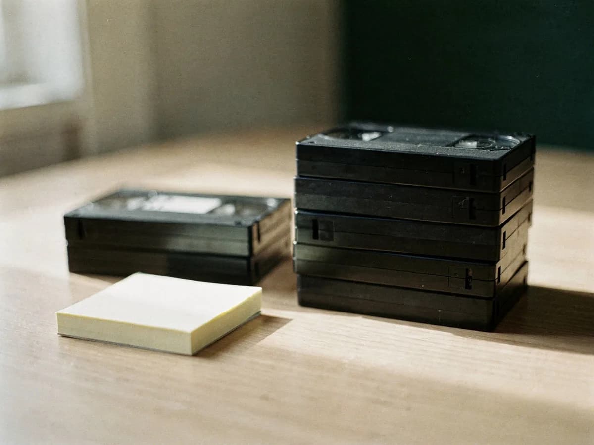 木のテーブルに分けて置かれたビデオテープの山2つ。左は2本、右は5本で、手前に無地の付箋が置かれている