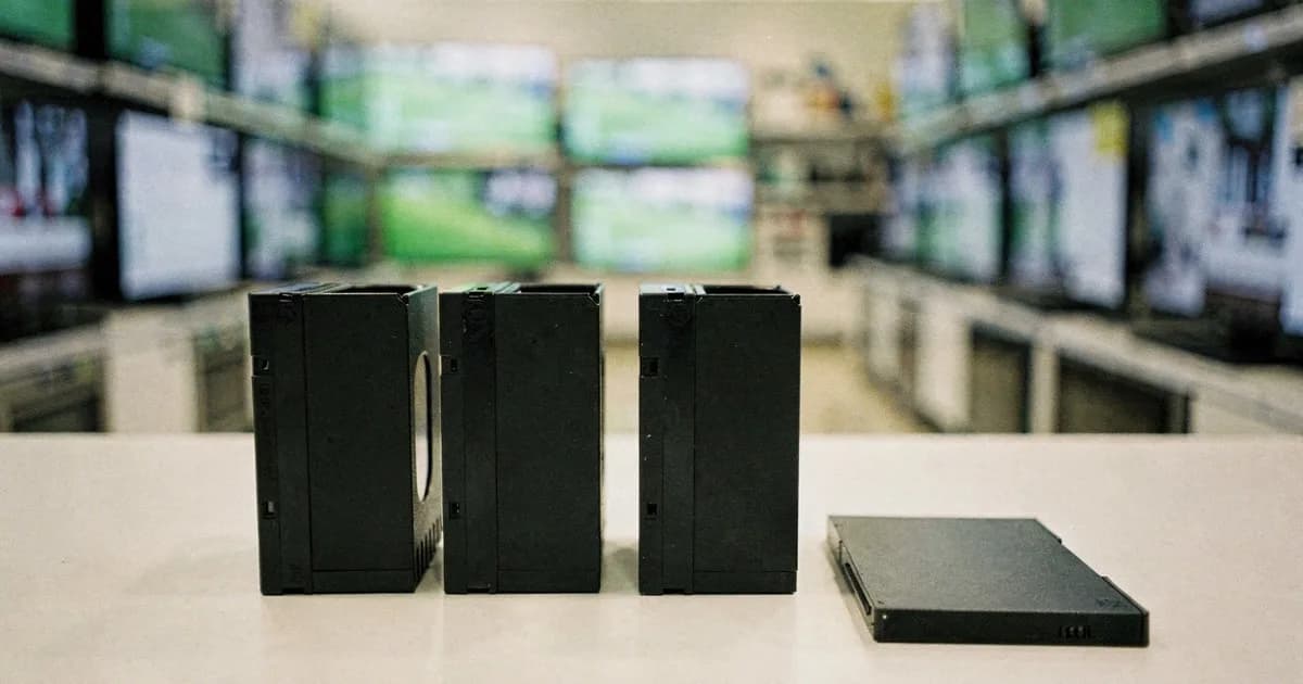 テレビ売り場をぼかした背景の前で、白いカウンターに立てて並べられた黒いビデオテープ3本と、脇に平置きされた薄い黒いケース