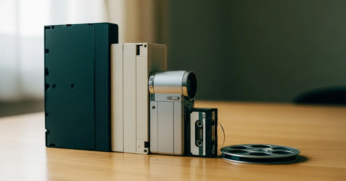 大きさの違うビデオカセットとビデオカメラ、カセットテープ、フィルムリールが木のテーブルに並んでいるところ