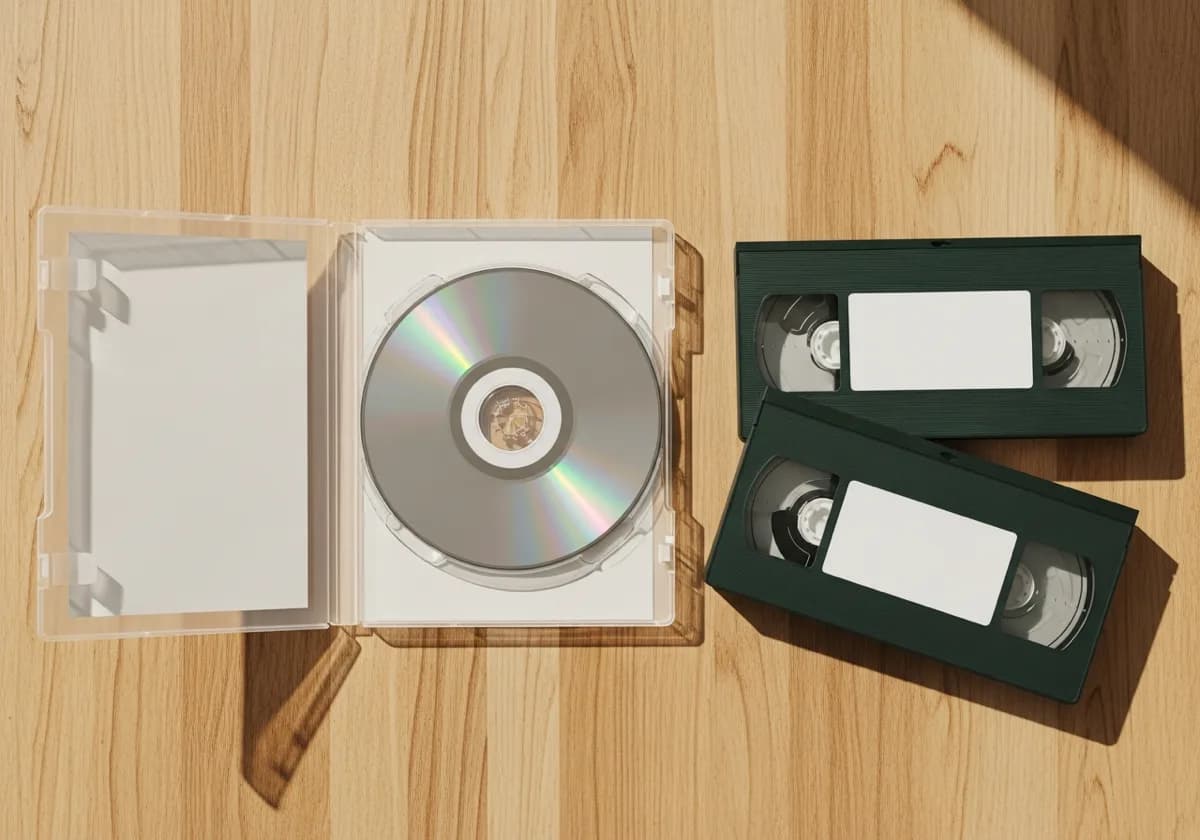 開いたDVDケースに入ったディスクと、返却される2本のビデオテープ