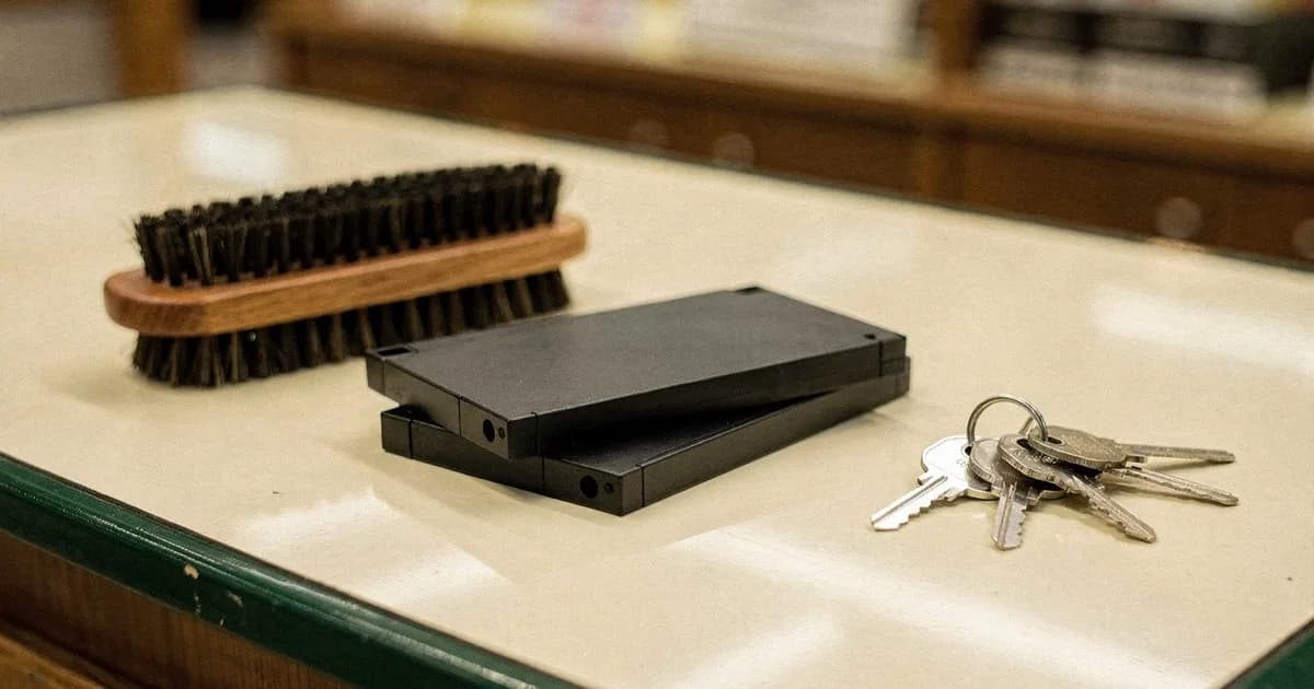 店のカウンターに置かれた靴ブラシと、重ねられた黒いビデオテープ2本、束になった鍵