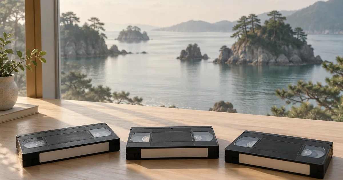 窓辺の明るい木のテーブルに横一列に並べた3本のビデオテープ。窓の外には松の生えた岩の島が点在する穏やかな湾