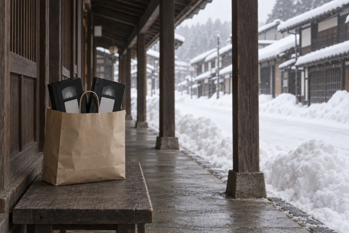 雪の積もった古い町並みの雁木(がんぎ)の下。木のベンチに置いた紙袋に2本のビデオテープが入っていて、通りには雪が高く積み上がっている