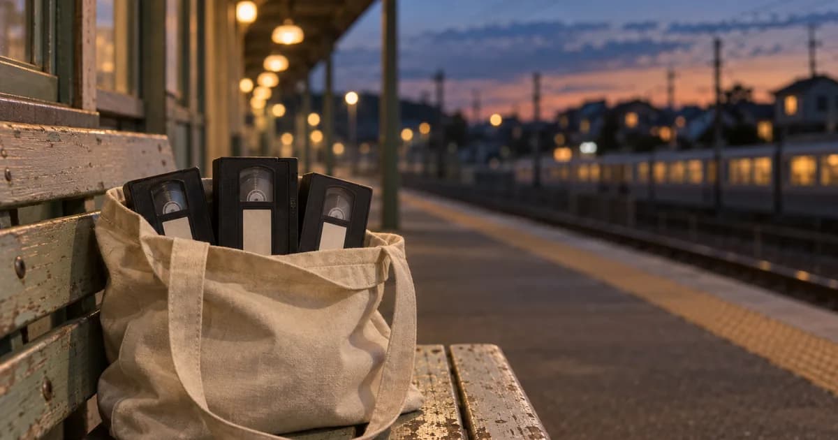 夕暮れの郊外の駅のホーム。緑色に塗られた木のベンチに置かれた生成りの帆布トートバッグから、ビデオテープが3本のぞいている。奥にはホームの明かりと停車中の電車がぼけて見える