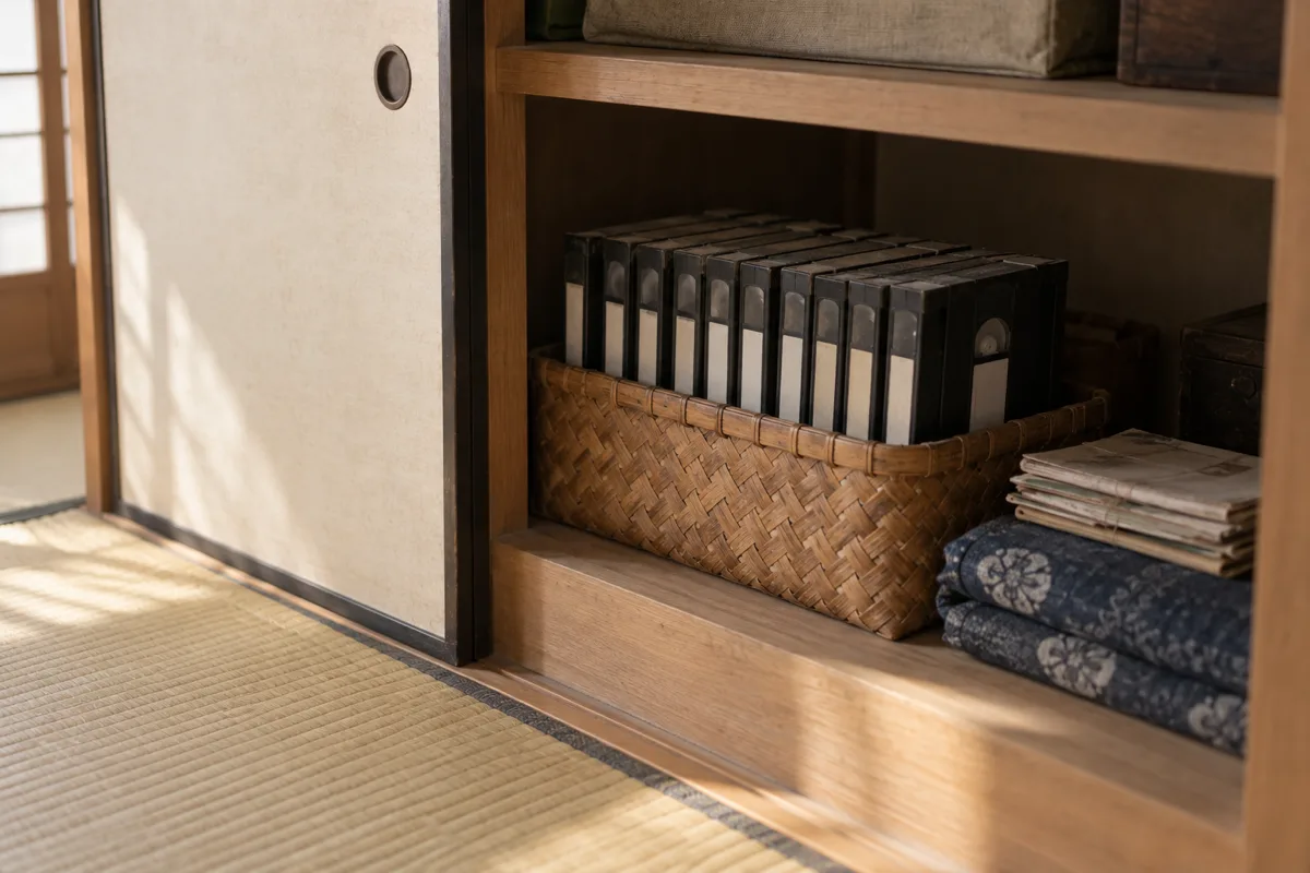 畳の部屋のふすまを開けたところ。押し入れの下段に置いた竹かごに、十数本のビデオテープが立てて並んでいる。隣には藍色の古い布と紙の束が積まれている